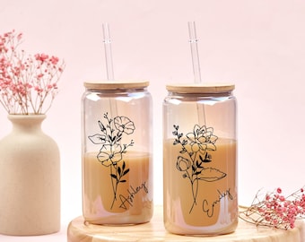 Personalized Birth Flower Coffee Cup With Name, Custom Beer Can Glass with Lid and Straw, Gifts For Her, Gifts For Mom, Personalized Gifts