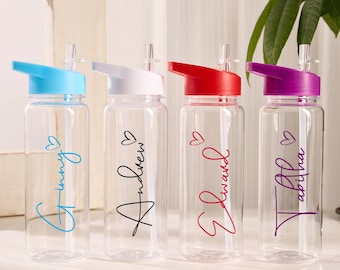 Bouteille d'eau de paille personnalisée pour enfants, 500 ml, bouteille de boissons pour sportifs en plastique, bouteille personnalisée avec nom pour garçons et filles, cadeau pour enfants