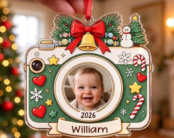Personalized Baby Photo Camera Ornament, Custom Christmas Ornament with Baby Name, Christmas Gift, Christmas Keepsake 2026, Baby Shower Gift