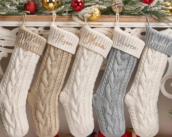 Knitted Christmas Stocking, Custom Family Christmas Stocking, Xmas Stocking with Name, Embroidered Holiday Stockings, Xmas Gifts for Family