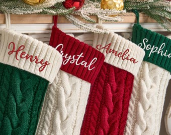 Knitted Christmas Stocking, Custom Family Christmas Stocking, Xmas Stocking with Name, Embroidered Holiday Stockings, Xmas Gifts for Family