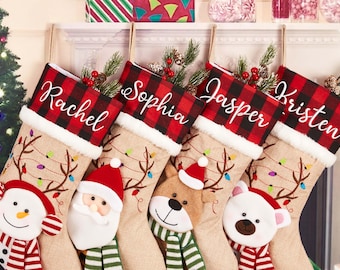 Personalized Embroidered Christmas Stocking 3D Christmas Stockings Family Stockings Holiday Stocking with Name,Santa, Elk,Snowman,Polar Deer