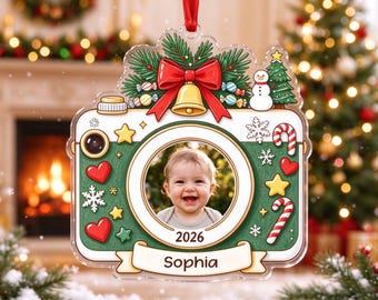 Personalized Baby Photo Christmas Ornament, Baby in Camera, Custom Baby Name Ornament, Christmas Gift for Newborn Baby, Baby Shower Gift