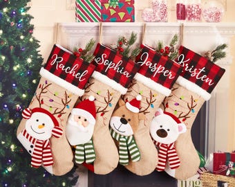 Personalized Embroidered Christmas Stocking 3D Christmas Stockings Family Stockings Holiday Stocking with Name,Santa, Elk,Snowman,Polar Deer