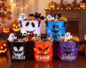 Personalized Halloween Basket Bag with LED Light Custom Name Halloween Candy Bag for Kids Spooky Face Halloween Tote Bag Trick or Treat