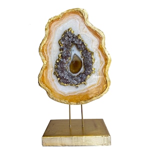 Floating Agate Geode Sculpture: Gold Leaf Stand, Crystal Art Home Decor