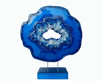 Blue Crystal Geode Sculpture: Royal Blue Home Decor Art