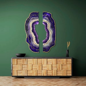 XL Purple Resin Geode Wall Art: Modern 3D Crystal Amethyst Cut