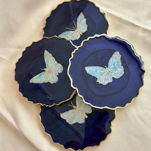 Posavasos holográficos de mariposa azul marino, regalo para amantes de las mariposas, regalo de aniversario, azul marino perlado, regalo para casa nueva