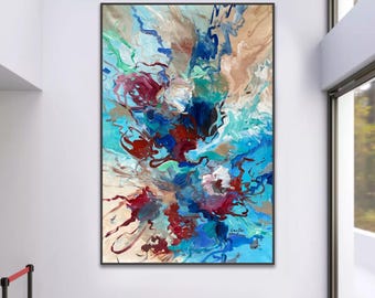 Aqua Reverie, dipinto astratto originale, grande tela blu turchese, 90 x 140 cm