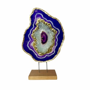 Amethyst Geode Slice Sculpture: Purple, Gold, & Crystal Art