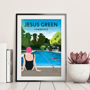 Jesus Green Lido, A4 poster, A3 Poster, A4 Travel print, Cambridge Print, A3 Travel print, lido, wild swimming, Memento, Gift, Poster