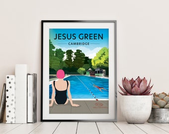 Jesus Green Lido, Cambridge Print, A4 poster, A4 Travel print, lido, wild swimming, Memento, Gift, Poster, Digital Art, Decor, wall art, art