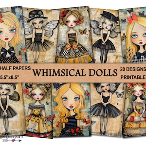 Demi-pages imprimables du journal indésirable Whimsical Dolls | Papiers numériques Scrapbooking Ephemera Girls