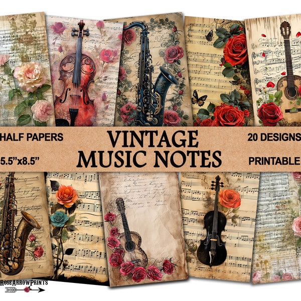 Note musicali vittoriane vintage e strumenti Junk Journal stampabili mezze pagine / Scrapbook musicale Ephemera Digital Papers