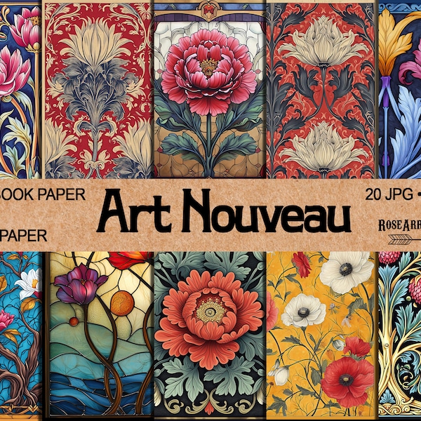 Lot de pages imprimables Art nouveau Scrapbook Junk Journal | Papiers numériques floraux vintage pour scrapbooking victorien