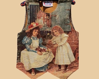 Handgjord gobelängväst, viktoriansk italiensk konst, mockafodrad, bohemisk jacka