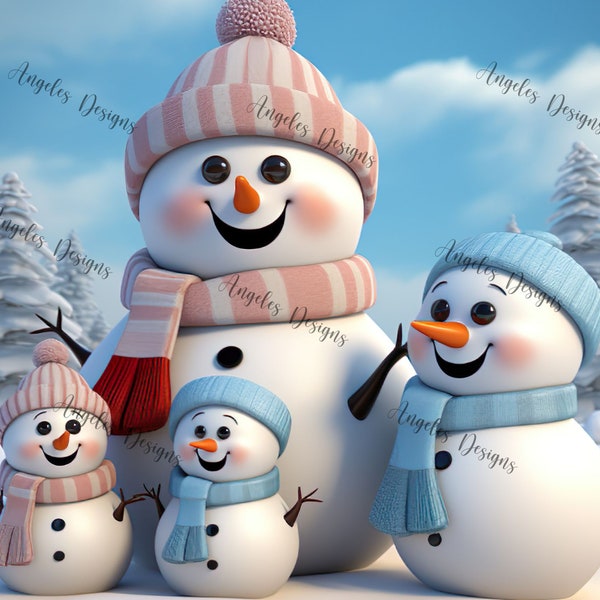 3D Cute Snowman Family PNG File/ 20oz Tumbler Wrap/ Sublimation/ Straight File/ Coffee Cup  Design