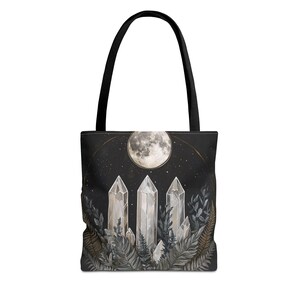 Moon Crystals Fern Gothic Art Tote Bag, Witchy Reusable Shopping Bag, Eco-Friendly Shoulder Bag, Gift for Goth, Halloween Purse, Occult