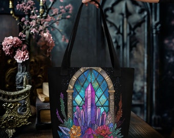 Stained glass, crystals, shopper, ladies bag, printed bag, black handbag, black bag,Tote bag