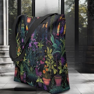 Stained Glass Garden Einkaufstasche, Gothic Kunst, schwarze Einkaufstasche, Einkaufstasche, Shopper, hübsche Tasche, botanische Tasche