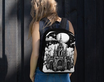 Gothic backpack, cathedral art, stars and moon, unisex backpack, printed backpack, black backpack, fantasy art backpack, gothic, Backpack