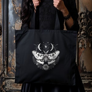 Moth art, stars and moon, boho bag, black bag, cosmic art, printed bag, graphic bag, boho, Large organic tote bag