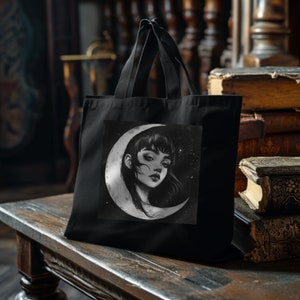Mondpuppe, Mondpuppe Tasche, große schwarze Tragetasche, Gothic Tasche, himmlische Tasche, Gothic Kunst, Mondkunst, schwarze Tasche, Gothic, große Bio-Einkaufstasche