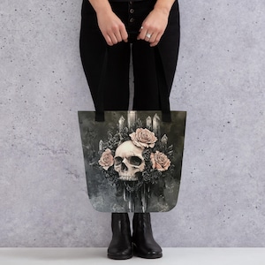Schädel und Kristall Einkaufstasche, Gothic Tasche, schwarze Buchtasche, schwarze Gothik Tasche, schwarze Leinentasche, Gothik Kunst, Goth Girl Tasche, schwarze Büchertasche