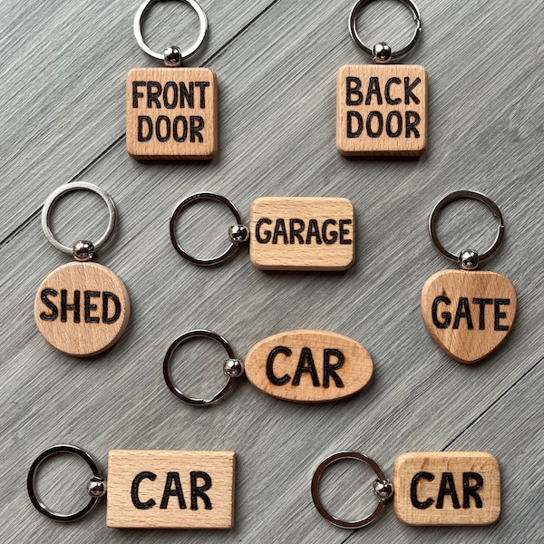 Double Sided Pyrography Wooden Keyring - Front Door, Back Door, Gate, Shed, Garage, Car - Individual or Multiple
