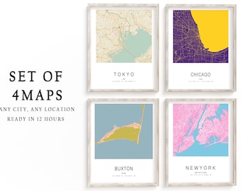 Set Of 4 Custom Maps, City Map Prints, Custom Map Print, Custom Any Location, Personalized Map Print, City Poster Wall Art, City Map Gift