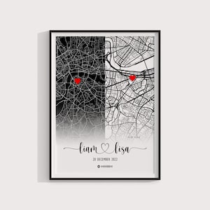 Custom Love Map Poster Leinwand | Personalisierte 2 Karten Druck | 2 Lageplan | Liebe Karte | Geschenk für Paar | Benutzerdefinierter Druck | Ferngeschenk