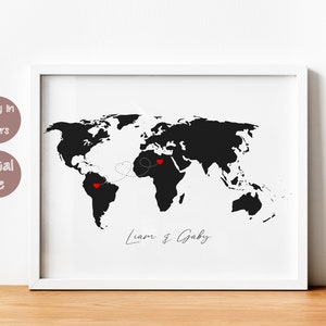 Cadeau relation longue distance pour petit ami, impression personnalisée de carte silhouette de deux pays, histoire d'amour de couple ou amitié