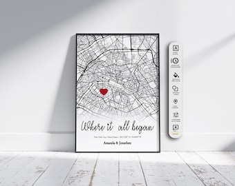 First Date Map Personalized Anniversary Gift, Where It All Began Engagement Map Print Engagement Gift, Custom Map Wedding Anniversary Gift