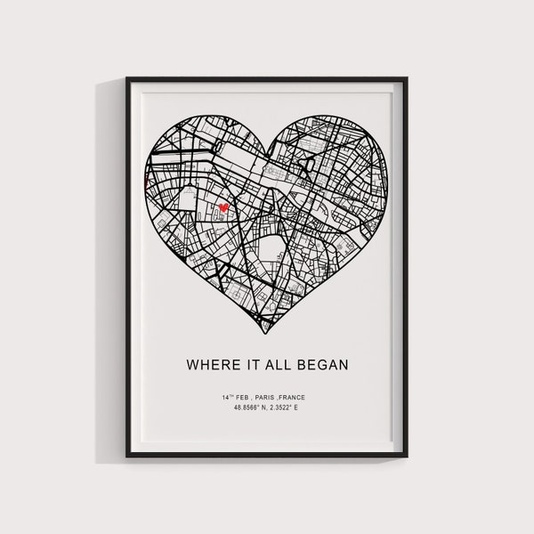 Where It All Began, Where We Met , Anniversary Gift, Heart Map, Our Story, First Date Gift, The Night We Met, Our First Date Memory Heart