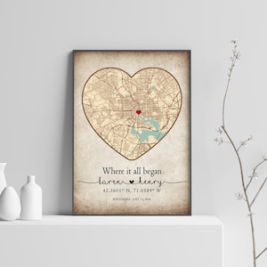 Carte où tout a commencé/où nous nous sommes rencontrés, art mural, carte de localisation, cadeaux d'anniversaire de mariage personnalisés pour couple, cadeaux de Saint-Valentin
