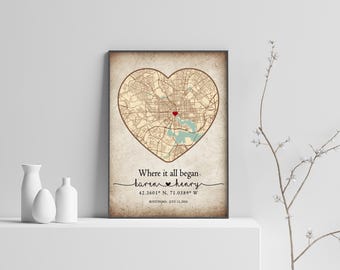 Where It All Began/Where We Met Map, Location Map Wall Art, Custom Wedding Anniversary Gifts for Couple, Valentines Day Gifts