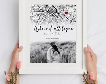 Where It All Began Map Anniversary Gift, First Date Custom Map Print Cute Relationship Gift, Personalized Map Print Wedding Anniversary Gift