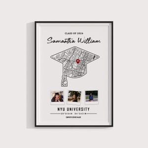May include: A graduation cap shaped map of New York City with a red pin marking NYU University. The text below reads "NYU University, 39.0154N 84.3421W, Computer Science Major". Three photos are below the map.