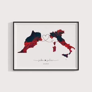 Art mural de carte personnalisée, carte-cadeau de mariage, cadeau interurbain pour petit ami, carte de fiançailles cadeau carte de deux États, cadeau de mariage pour couple