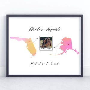 Mijlen uit elkaar maar dicht bij hart, beste vriend-afdruk, vriendschapscadeau lange afstand, verhuiscadeau beste vriend, aangepaste foto staat tot staat.