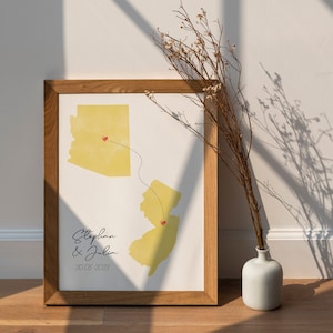 Liebeskarte, Liebeskarte mit zwei Orten, Karte mit Staaten und Ländern, Verlobungs- und Hochzeitsgeschenk, Jahrestagsgeschenk