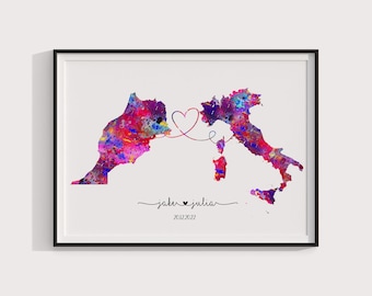 Personalised Map Print - Any two countries or States - Custom Map Art - 9 Map color options |Love/Friends Map | long distance relationship