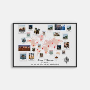 Puede incluir: Un mapa del mundo enmarcado con fotos de viajes y marcadores rojos. El mapa es de color rosa claro con un marco negro. Las fotos son de varios lugares, incluyendo Venecia y Cagliari. El texto incluye "Karen Harman" y "Our Adventures."