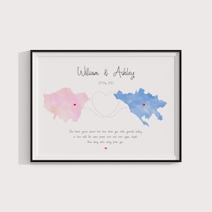 Carte d'amour liée à deux emplacements, impression de relation longue distance, carte de deux pays ou état, cadeau pour une relation longue distance, vous manquez