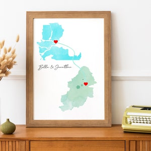 Individuelle Landkarte für zwei Länder, Ferngeschenk für Paare, individuelle Liebeskarte, Ferngeschenk, Freundschaftsgeschenk