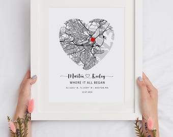 Kaart waar het allemaal begon, waar we elkaar ontmoetten, jubileumcadeau, hartkaart, ons verhaal, cadeau voor eerste date, The Night We Met, ons herinneringshart voor eerste date