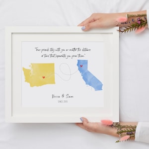 Impression de carte de pays personnalisée, voyage personnalisé, aquarelle, deux emplacements, carte d'amour, départ longue distance, cadeau de déménagement, anniversaire en papier