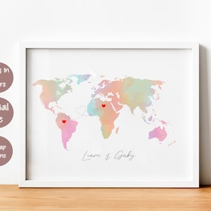 Benutzerdefinierte zwei verbundene Orte Herzdruck, personalisierte Aquarell Weltkarte Kunst, Fernfreundschaft Beziehung Geschenk, Städte Länder