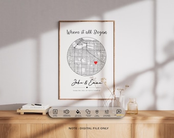 First Date Map Personalized Anniversary Gift, Where It All Began Engagement Map Print Engagement Gift, Custom Map Wedding Anniversary Gift